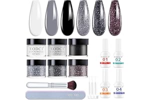 Eodci Dip Powder Nail Kit Starter, 6 Colors Glitter Dark Black White Dipping Powder Kit With Base & Top Coat/Activator/Brush Saver, Nail Art Manicure Salon DIY for Daily at Home Party Gifts for Women