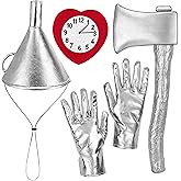 Yezmo 5PCS Tin Costume Accessories, Silver Axe Funnel Hat Set with Heart Clock Brooch Silvery Gloves for Adult Men for Cosplay Party