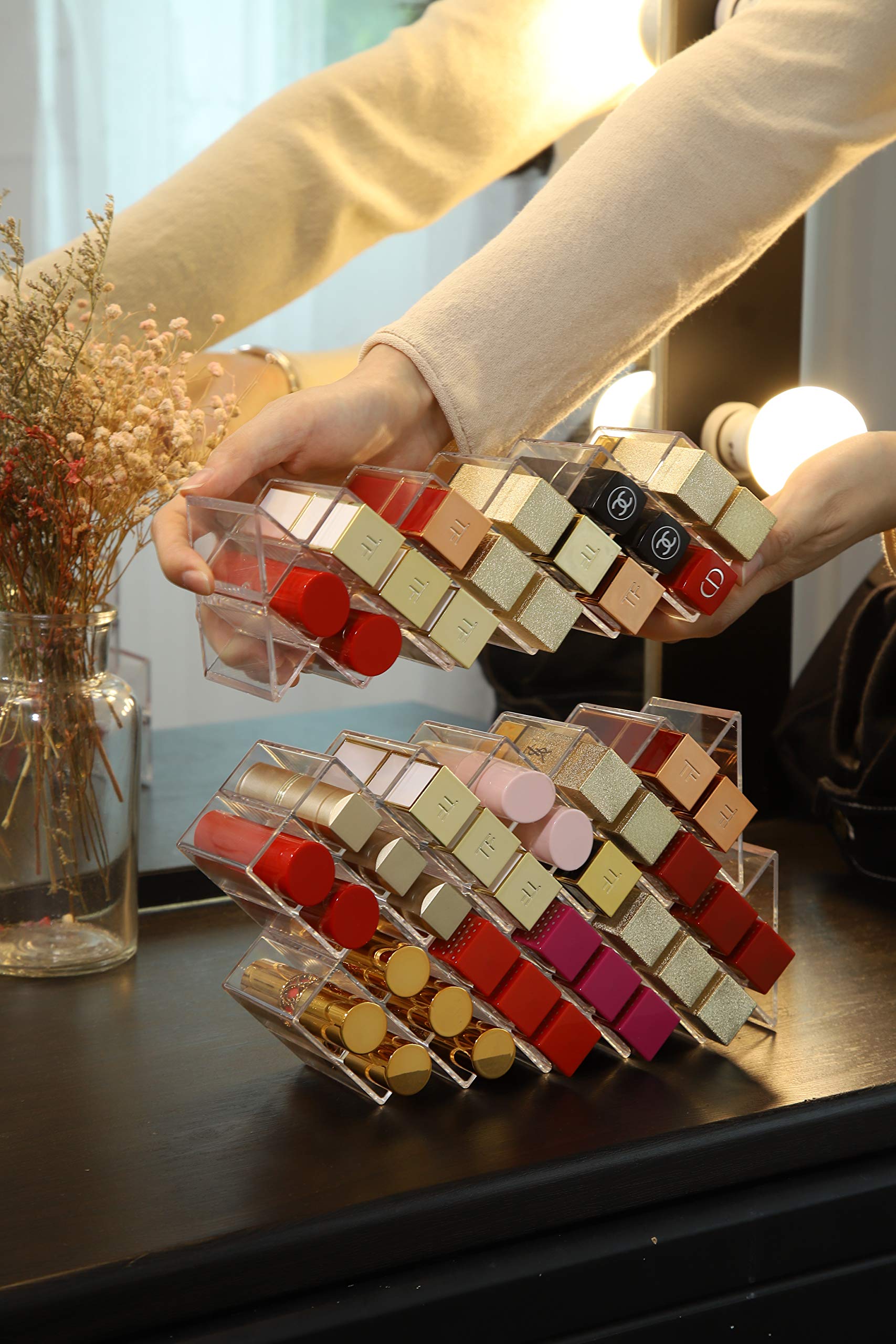 Lipstick Holder Organizer 32 Spaces Acrylic Stackable Fish Shape Lipstick Tower, Lip Gloss Storage Stand for 32 Lip Slots, Perfect for Lipgloss Makeup Vanity Display, Clear (2 Pack)