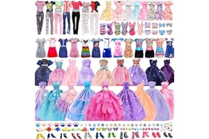 SEKEPINGO 57 Pcs Fashionable Doll Clothes and Accessories Gift Sets for 11.5Inch Girls Doll Outfits Including 12 Dresses 2 Swimwear 3 Tops 3 Pants 10 Shoes 25 Decorations 1 Sticker and 1 Doll with Hat