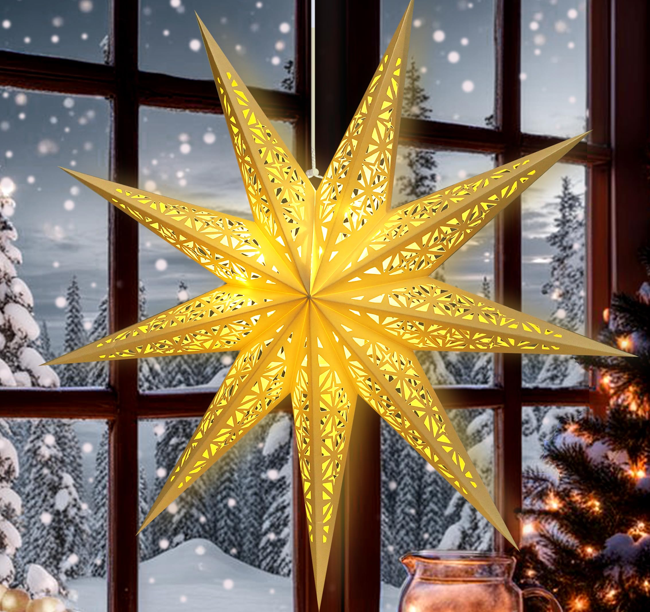 Photo 1 of 23.6inch Large Paper Lanterns Christmas Star Light Lampshade Moroccan Stars White Hollow out Party Paper Star Decoration for Weddings Birthday Xmas Holiday Winter Dinning Room