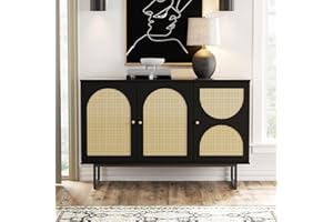 FiveWillowise Sideboard Buffet Cabinet with Rattan Doors, Sideboard Cabinet with Metal Legs for Living Room, Hallway, Entryway (Black, 3 Doors)