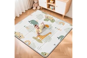 Foldable Baby Play Mat, PIGLOG 50x50 Playpen Mat, Waterproof Playmats for Babies and Toddlers Kids, Safe Foam Playmat for Tummy Time, Reversible Portable Baby Floor Mat for Infant, Giraffe + Elephant