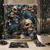 Gothic Skull Floral Skeleton Men 4Pcs Bathroom Shower Curtain Set with Rugs | 72Wx72H, Halloween Shape waterproof shower curtain set, quick-dry rugs and 12 hooks.