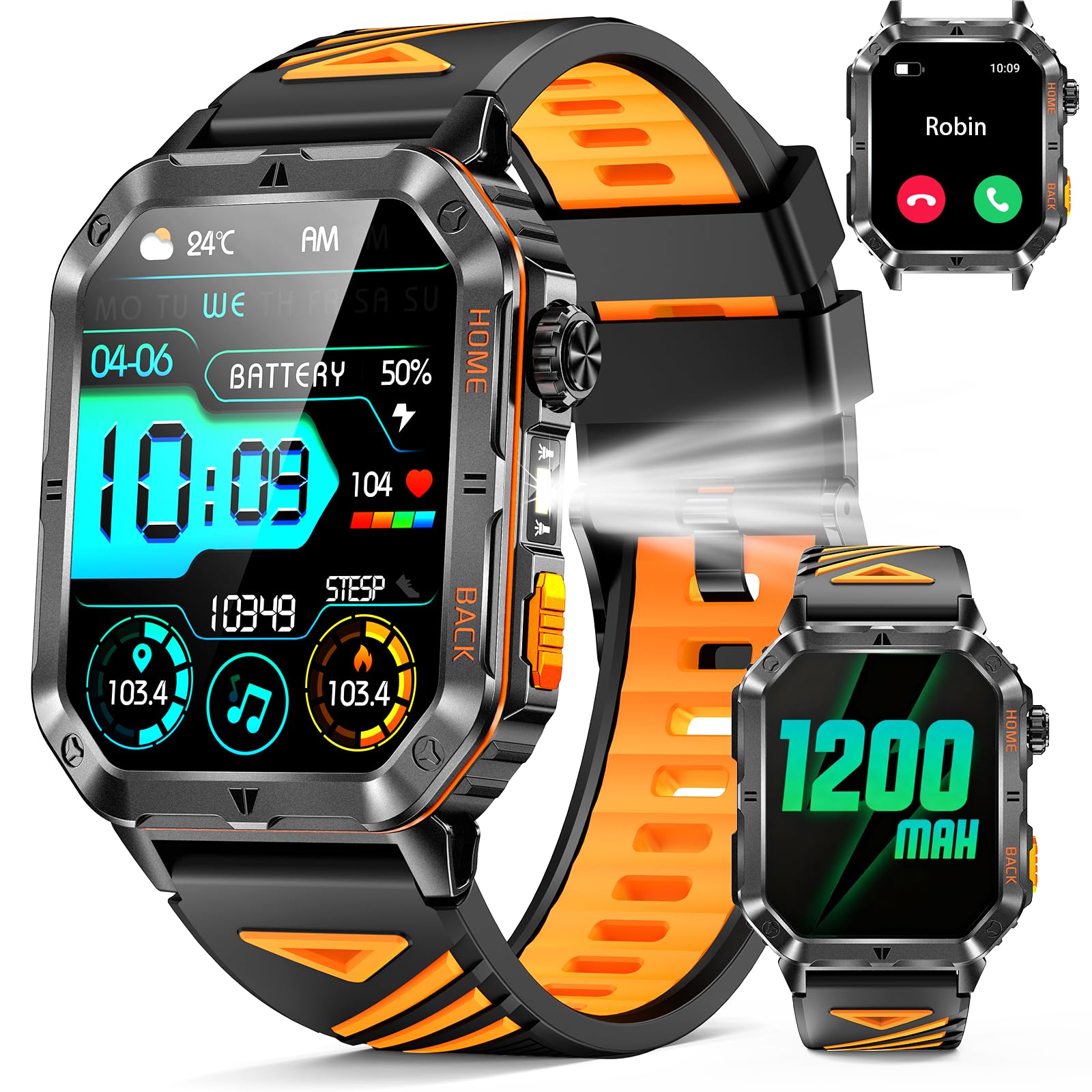 PODOEIL Military Smarty Watch for Men, 2.01" Smartwatch with 1200mAh Battery, Flashlight, Answer/Make Calls, Heart Rate/Sleep Monitor 100+ Sport Modes Fitness Tracker for Android/iPhone