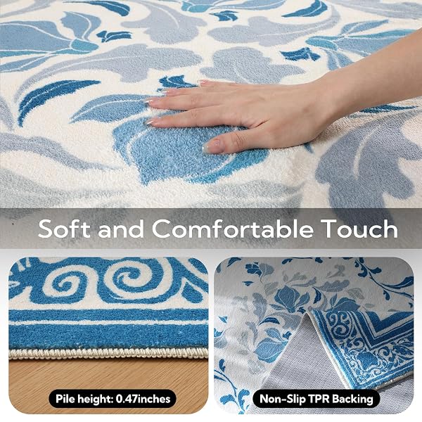 SOULFUL MEDIUM PILE 4X6 RUGS FOR LIVING ROOM – COZY SOFT UNDERFOOT AREA RUG – BLUE BOHO FLORAL – WASHABLE NON-SLIP – PERFECT FOR BEDROOM KIDS ROOM UNDER DINING TABLE OFFICE