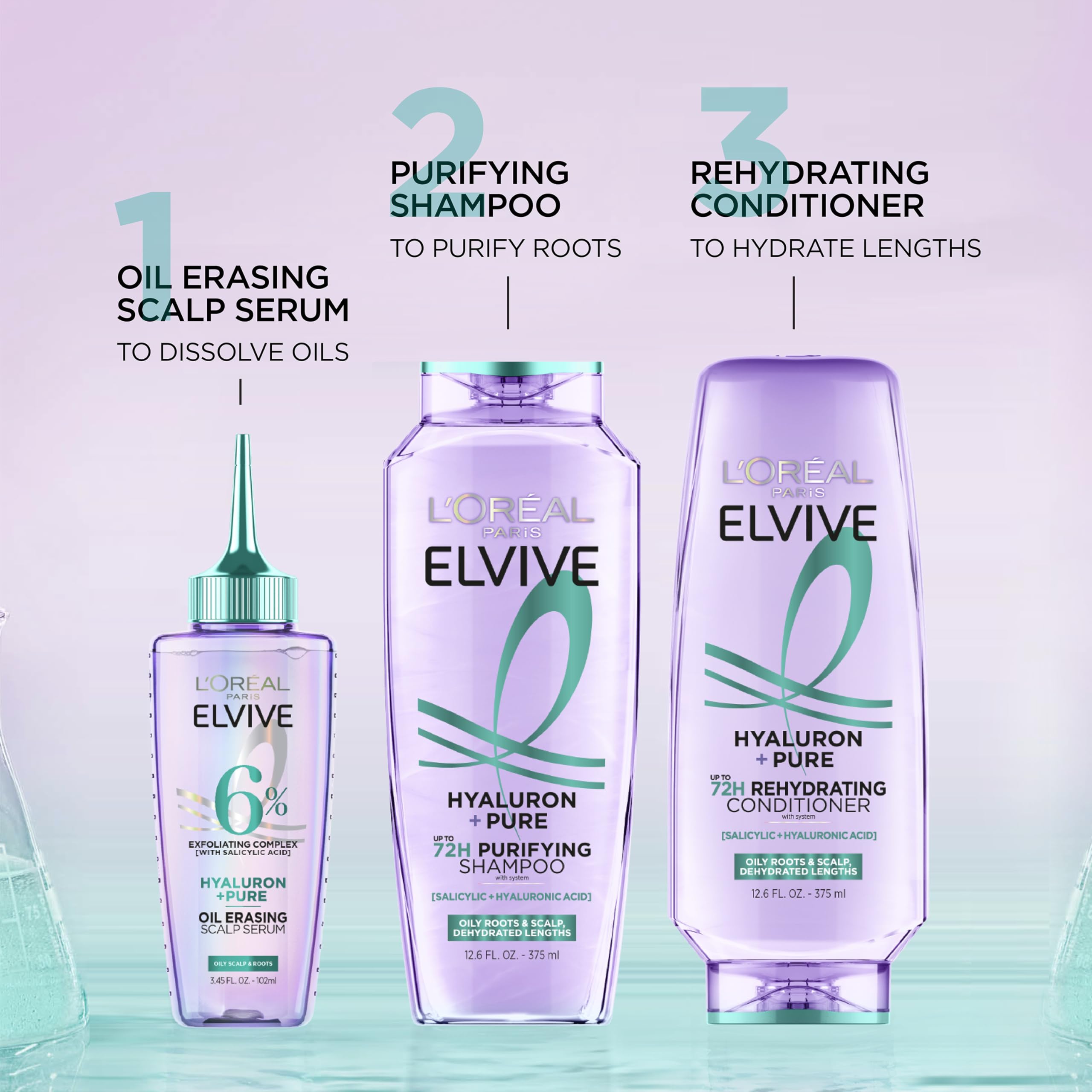 L'Oreal Paris Elvive Hyaluron + Pure Shampoo and Conditioner Set, Clarifying Shampoo and Rehydrating Conditioner with Salicylic Acid and Hyaluronic Acid, 1 Kit
