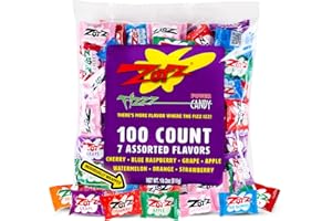 Zotz Fizzy Bulk Candy (Assorted, 100 Units)- Hard Candy Individually Wrapped- Assorted 7 Fruit Flavors, Cherry, Watermelon, Strawberry, Blue Raspberry, Apple, Orange & Grape- From Italy Since 1970