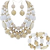 Bocar 3 Layer Chunky Statement Beaded Necklace Earrings Bracelet Set, Fashion Multi Layer Women Collar Necklace Jewelry Set