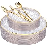 Rubtlamp 150Pcs Plastic Plates, Heavy Duty Clear Plates With Gold Rim, Hammered Gold Dinnerware Set Include 30 Dinner Plate, 30 Dessert Plate, 90 Plastic Silverware