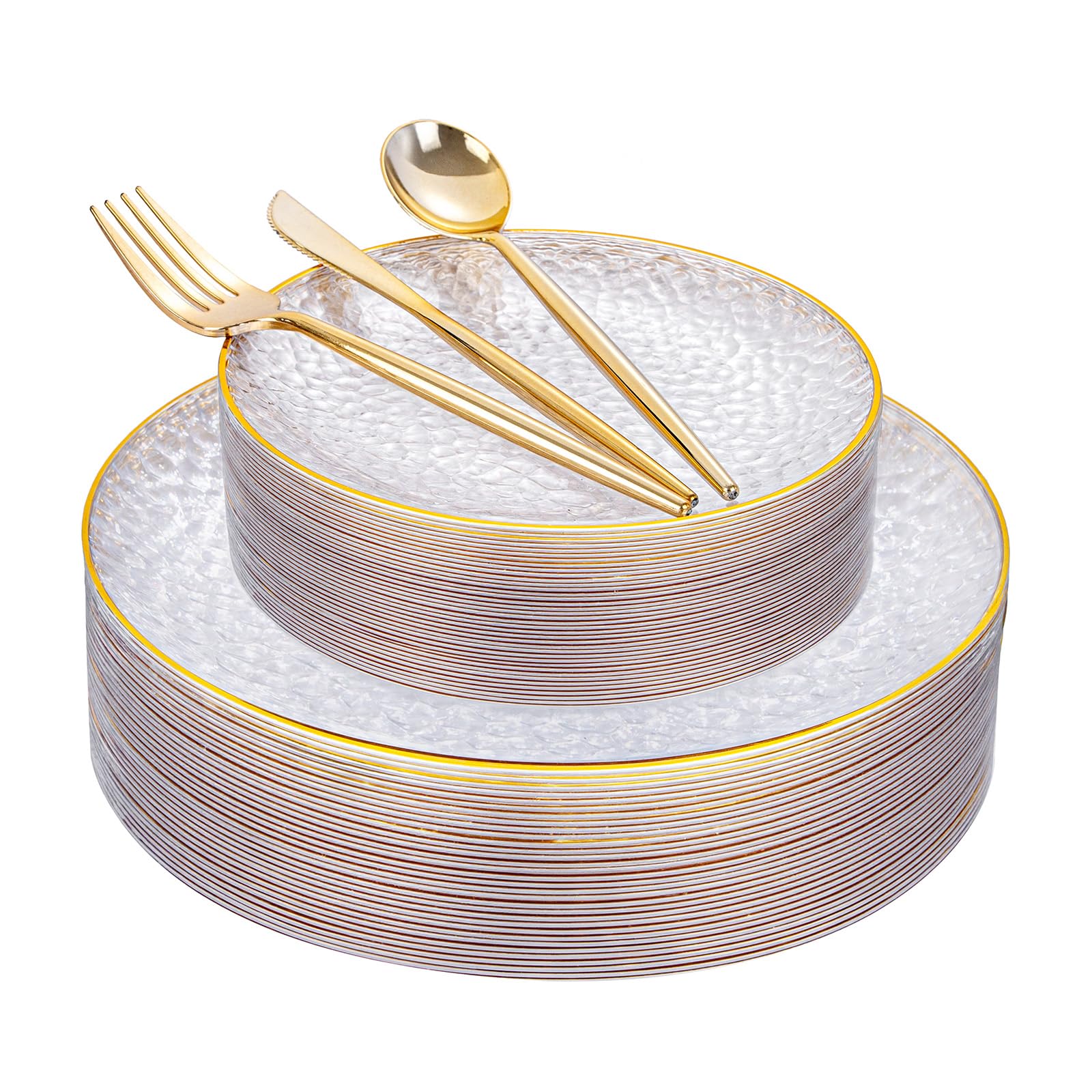 Photo 1 of ***ONLY 30 DESSERT PLATES***
Rubtlamp 150Pcs Plastic Plates, Heavy Duty Clear Plates With Gold Rim, Hammered Gold Dinnerware Set Include 30 Dinner Plate, 30 Dessert Plate, 90 Plastic Silverware