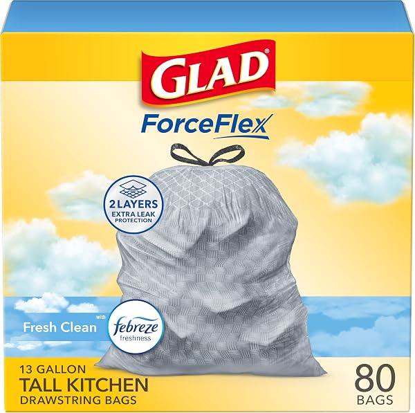 GLAD TRASH BAGS, FORCEFLEX TALL GARBAGE BAGS, 13 GALLON GREY TRASH BAGS FOR TALL KITCHEN TRASH CAN, FRESH CLEAN WITH FEBREZE FRESHNESS TO ELIMINATE ODORS, 80 COUNT (PACKAGING MAY VARY)