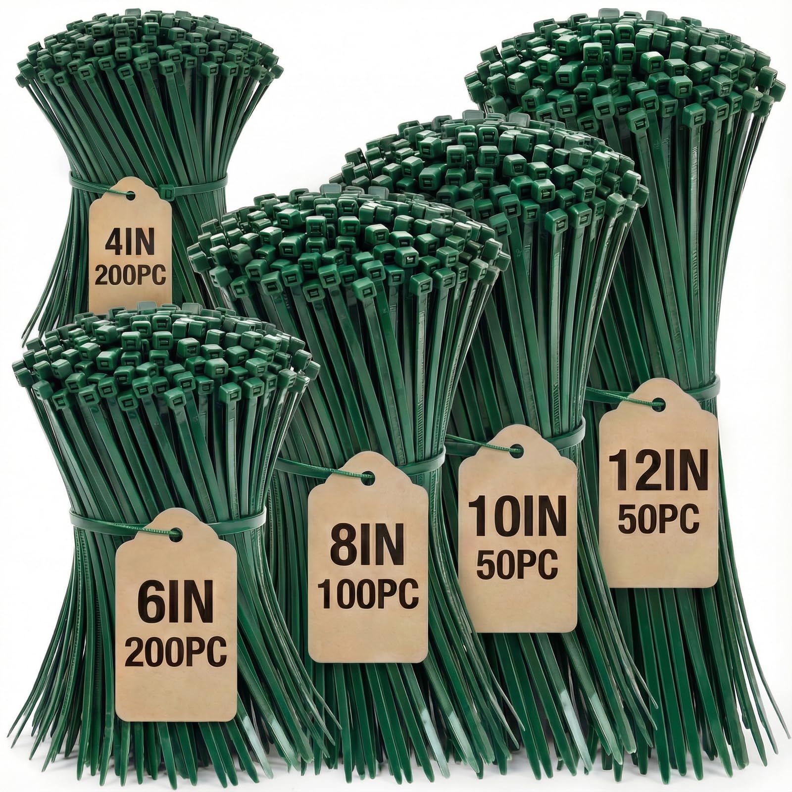 Zip Ties Assorted Sizes 4+6+8+10+12-Inch,600PCS Green Zip Ties,Multi-Purpose Self-Locking Nylon Cable Tie,Wire Tie Perfect for Home,Garden Trellis,Office,Garage and Workshop.
