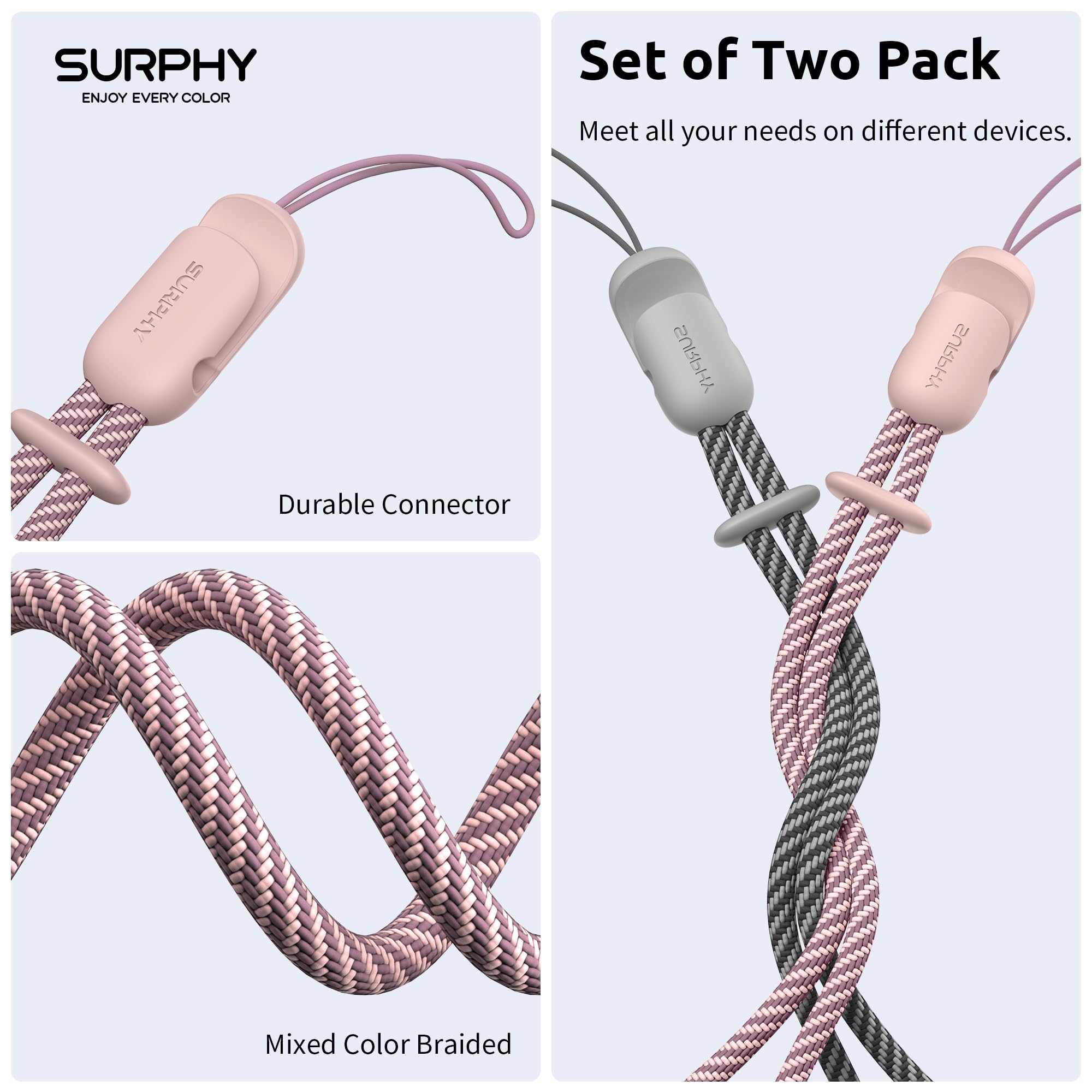 SURPHY 2 Pack Phone Lanyard for Cellphone Case, Phone Wrist Strap for Case, Cellphone Strap with 2-Color Braided, Charm Wrist Lanyard for Women and Men, Pink & Gray
