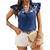 SHENHE Women's Ruffle Sleeve Button Down Shirt Floral Print Boho Band Collar Dressy Casual Blouse