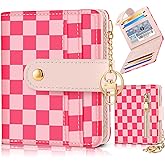 Bistup Wallet for Women Cute Bifold Small Card Wallet Rfid with Keychain for Ladies Teen Girls Female Medium Girly Aesthetic Thin Slim Checkered Plaid Unique Pretty Leather Credit Card Holder Purse
