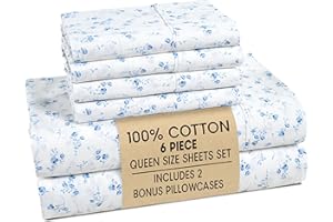 Casa Platino 100% Cotton Sheets Queen Size Set - 6 Pieces (1 Flat, 1 Fitted, 4 Pillowcases) - Soft & Breathable Percale Weave - Cooling Bed Sheets with Deep Pocket - Durable Queen Sheet Set - Floralis