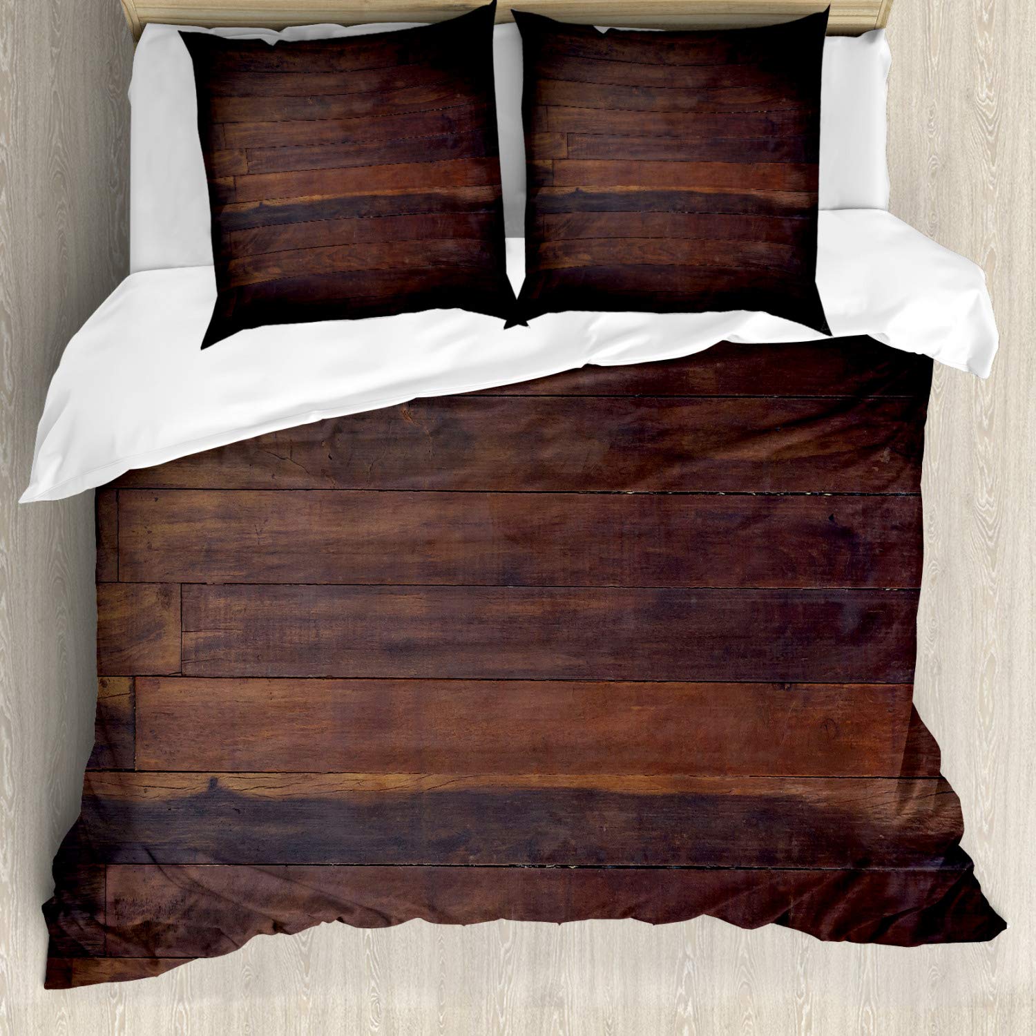 ABAKUHAUS Chocolate Duvet Cover Set, Aged Weathered Dark Timber Oak Wooden Planks Floor Image Country Life Carpentry, Bedding Set 3 Pieces with 2 Pillow Shams, 200 cm x 200 cm, Dark Brown — image 1