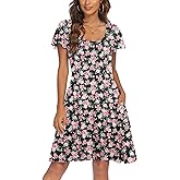 HOTOUCH Women's Casual Dress Floral Summer Dress Ruffle Sleeve Crewneck Flowy Swing Mini Dresses with Pockets