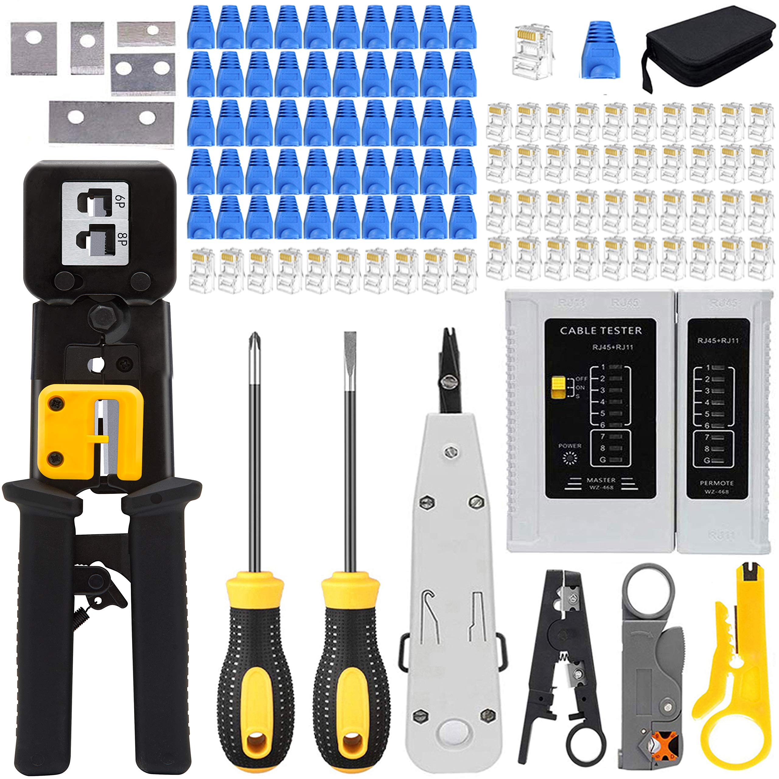LUBEIN Crimping Set CAT5/CAT6 Ethernet Crimp Tool Kit for RJ45/RJ11/RJ12/6P/4P/8P, Network Crimper Stripper Cutter, Maintenance LAN Cable Pliers Tester Repair Tool Set (White)