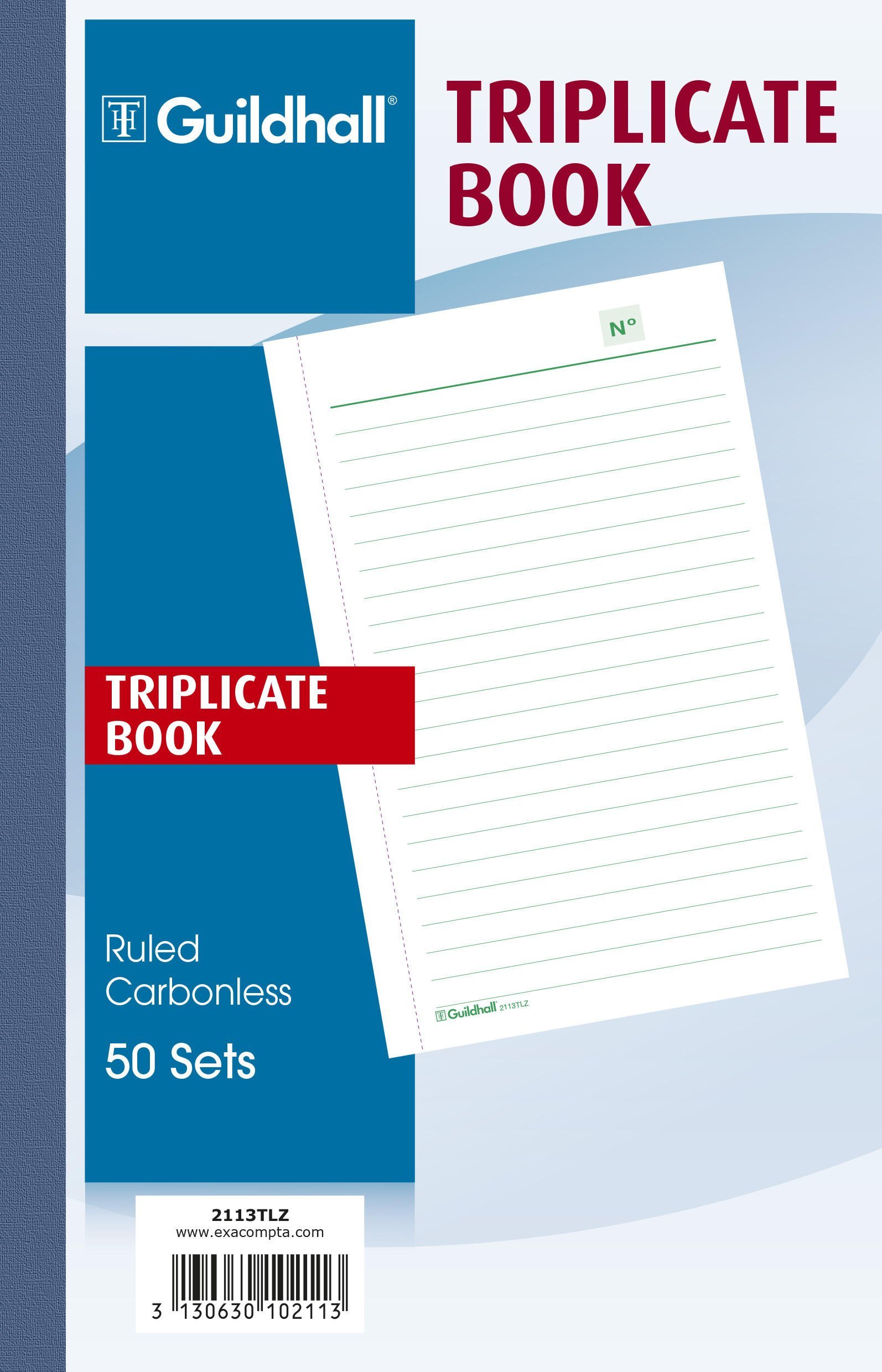 Exacompta - Ref 2113TLZ - Guildhall Triplicate Book (50 Sets) - 210 x 135mm in SIze, Lined Rulings, Cloth Tape Binding, Carbonless for Easy Use, Green Printed Lines