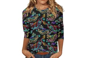 ZXCTKA Summer 3/4 Sleeve T Shirt Shirts for Women Landscape Paint Top Three Quarter Sleeve Pullover Round Neck Tee Tops