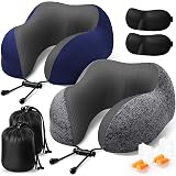 ExploreBliss Travel Pillow, 2 Pack Travel Pillows for Sleeping Airplane, Neck Pillow Airplane, Memory Foam Neck Pillow Set with Eye Mask, Earplugs and Storage Bag -Grey & Blue