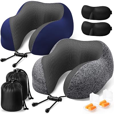 ExploreBliss Travel Pillow, 2 Pack Travel Pillows for Sleeping Airplane, Neck Pillow Airplane, Memory Foam Neck Pillow Set with Eye Mask, Earplugs and Storage Bag -Grey & Blue