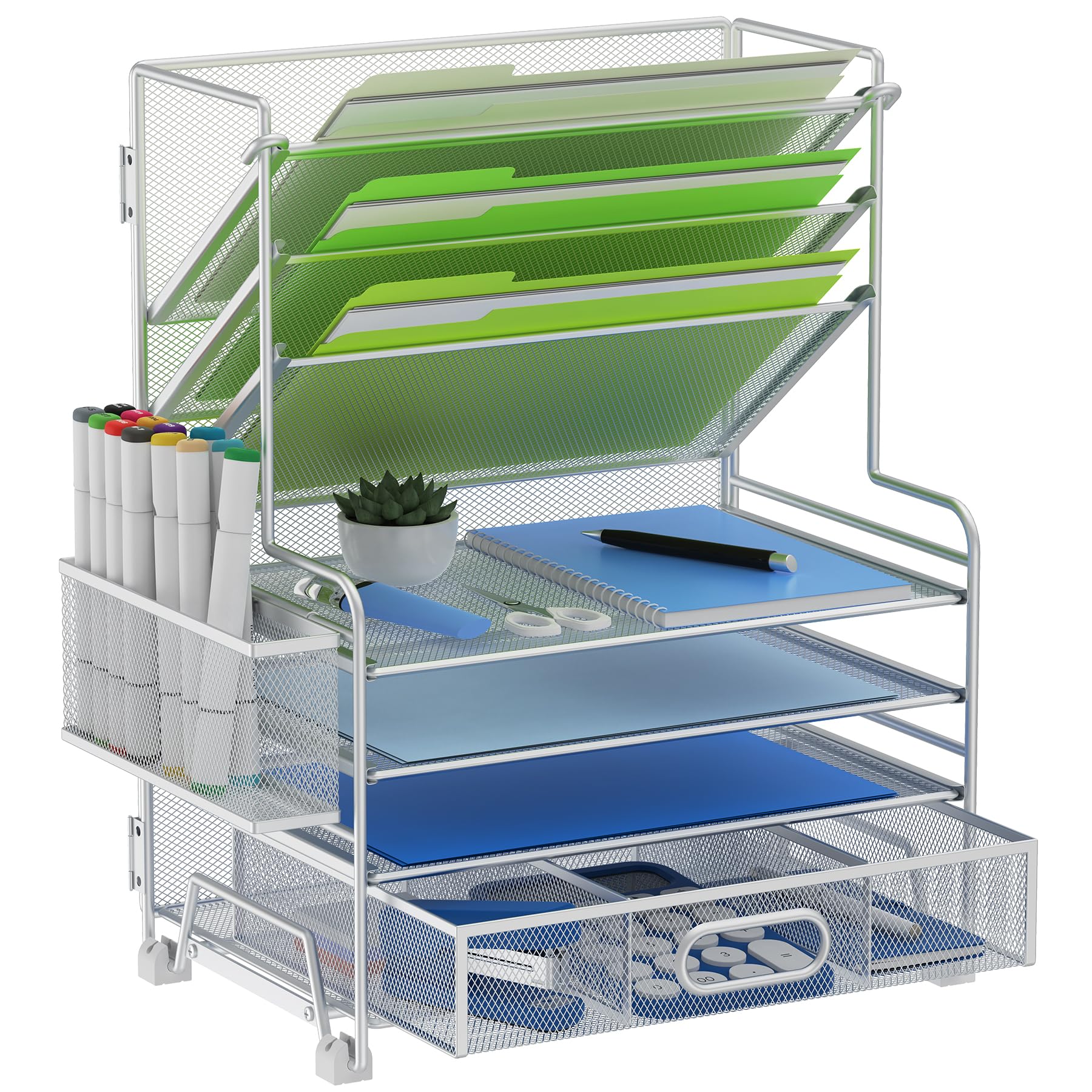 Photo 1 of MINDEPOT 4-Tier Paper Organizer + 3-Pocket File Holder + Drawer + Pen Holders, Desktop File Organizers Paper Tray for Office Supplies School Classroom Organization (Silver, with Drawer & Pen Holder)