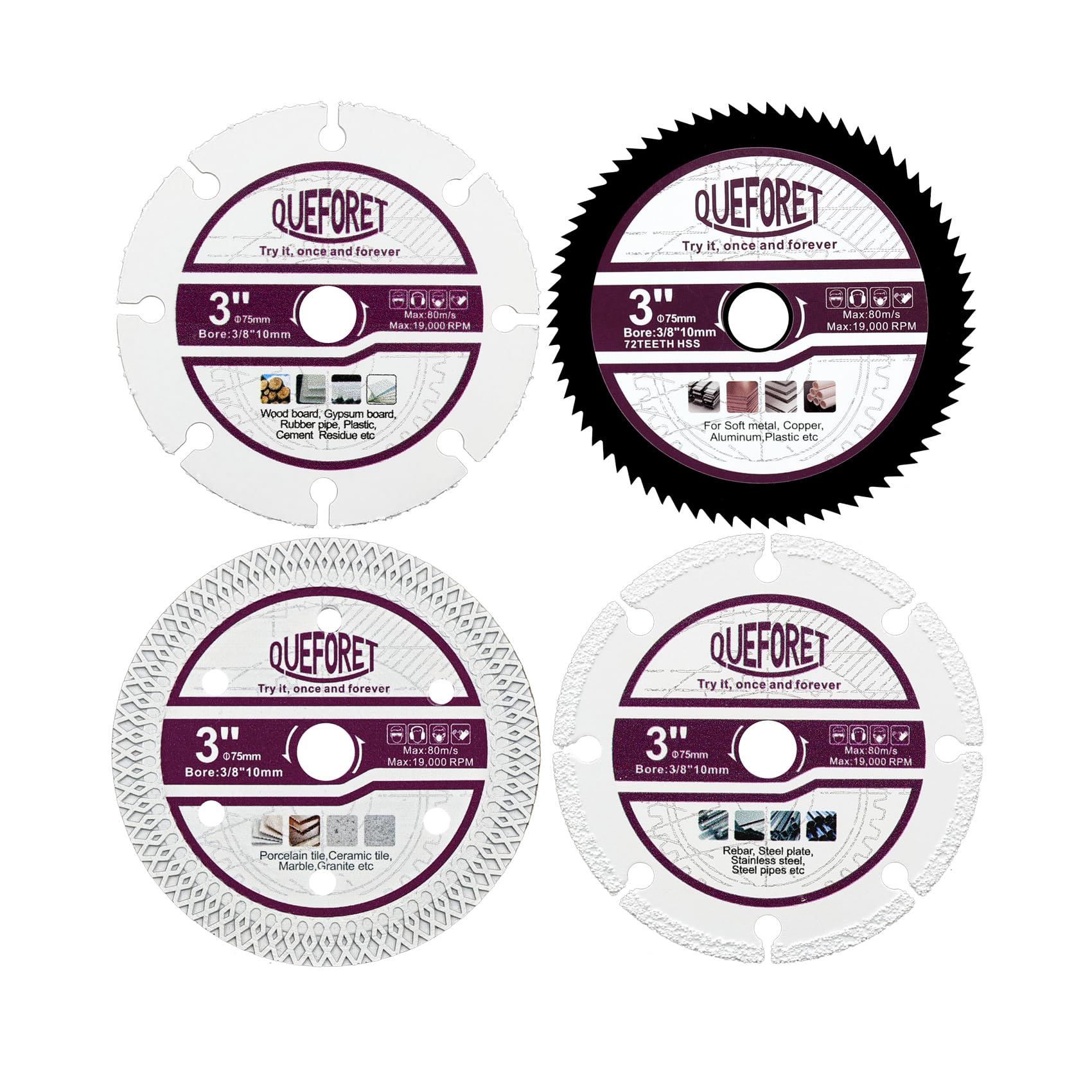 QUEFORET 75mm Saw Blades Set 4pcs - Carbide Blade for Wood Rubber, HSS Blade for Soft Metal, Diamond Tile Saw Blade for Ceramic, Diamond Steel Saw Blade for Rebar, with 10mm Arbor