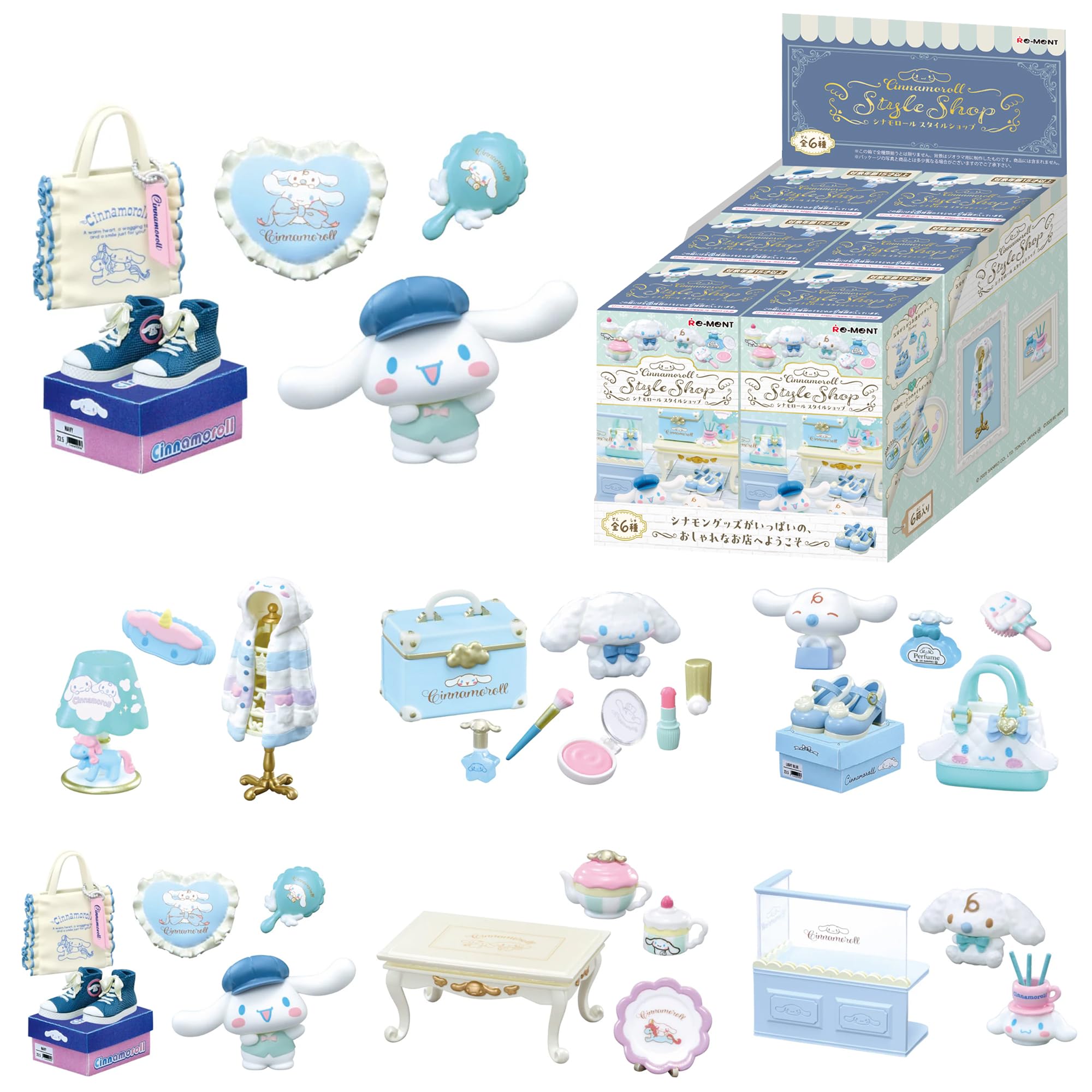 Hamee RE-Ment Hello Kitty and Friends Blind Box Diorama Miniature Figure Set for Collectible Toy, Sanrio Fan (Cinnamoroll Style Shop) – 6 Pc. (Full Set with Tear-Away Display Background)