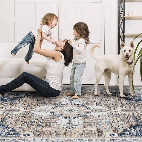 KENODITAN 9X12 AREA RUG LIVING ROOM RUGS, STAIN RESISTANT WASHABLE RUG, VINTAGE LARGE NON-SLIP BACKING, LOW PILE LIGHTWEIGHT PRINT RUG FOR BEDROOM DINNING ROOM HOME OFFICE (TAUPE/BLUE)