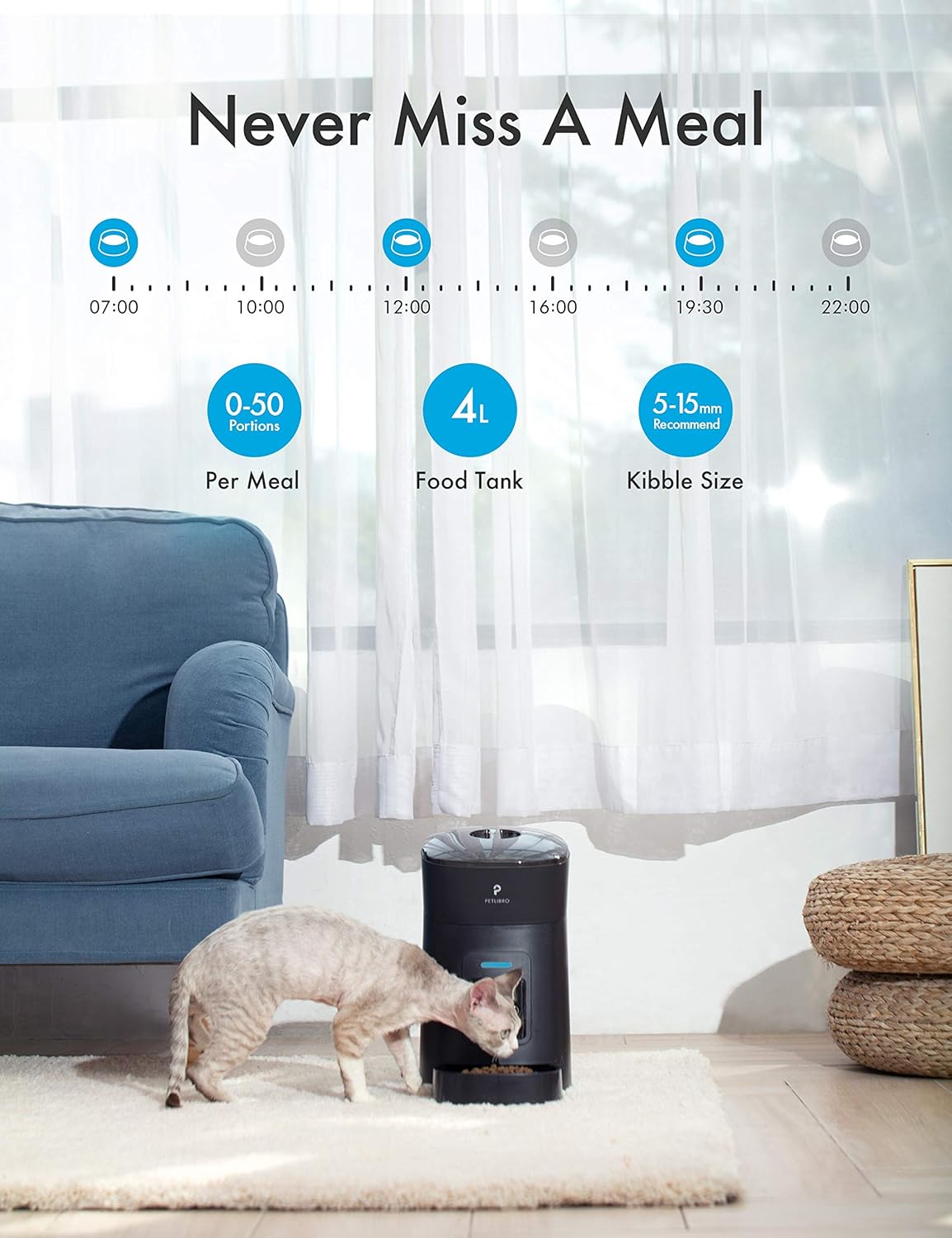 Kitchen & Dining : PETLIBRO Automatic Cat Feeder, 4L Auto Pet Dry Food Dispenser with Clog-Free Design, Low Food LED Indication, 0-50 Portion Control for 1-6 Meals Daily, 10s Voice Recorder for Small & Medium Pets : 