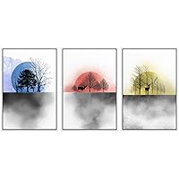 SIGNWIN 3 Piece Framed Canvas Wall Art Trees and Abstract Moon Landscape Canvas Prints Home Artwork Decoration for Living Room,Bedroom - 16