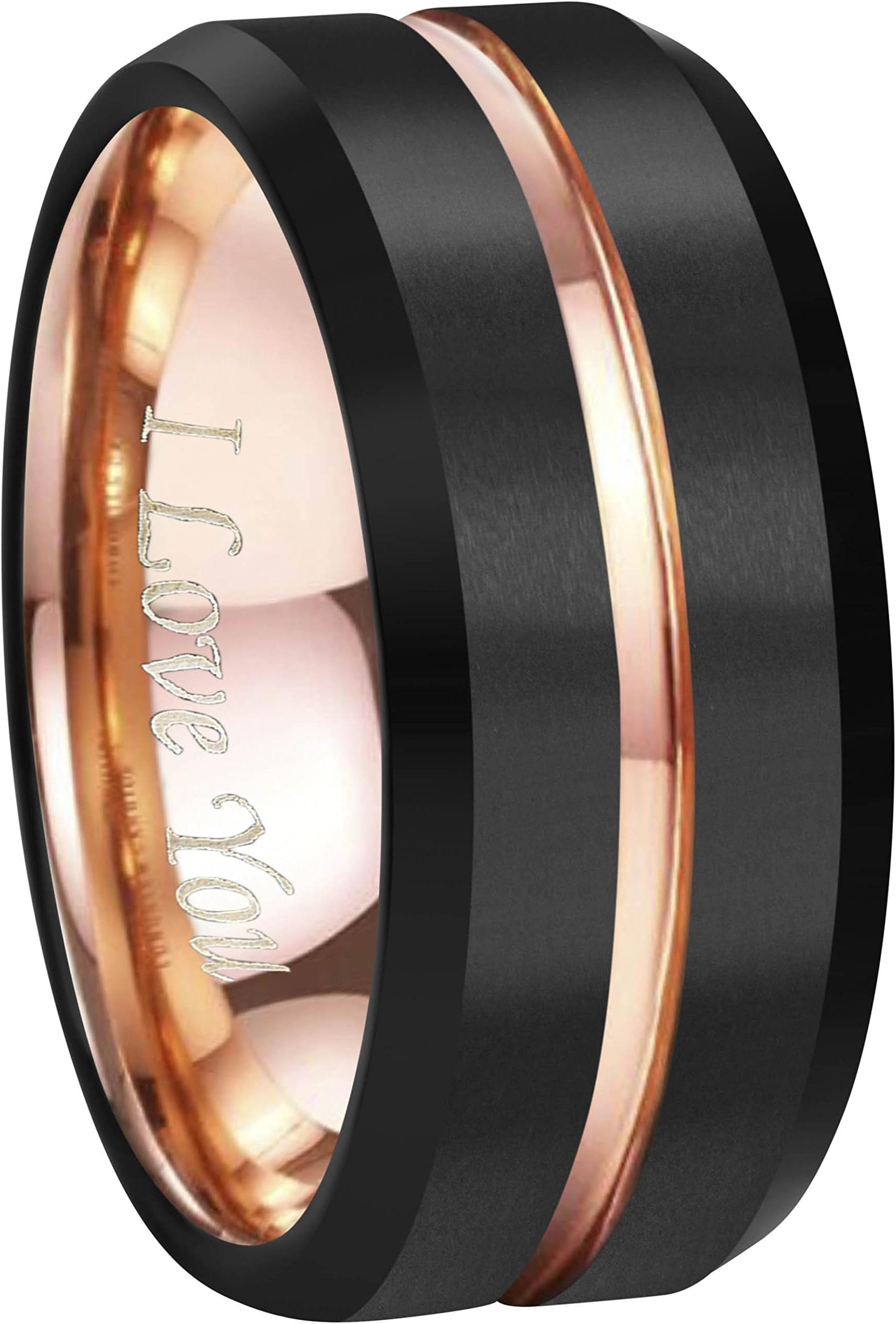 4mm 6mm 8mm 10mm Rose Gold Groove Black Matte Finish Tungsten Carbide Wedding Band Ring Engraved"I Love You" Size 4 To 17
