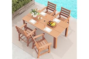 GREENVINES 5-Piece Outdoor Dining Set | HDPE | Patio Table and Chairs Sets for 4 | Patio Furniture | All Weather | Umbrella Hole | Teak | for Backyard Poolside Garden