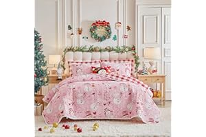 UOZZI BEDDING Christmas Quilt Set Queen Size 88x88 - Pink White Snowman n Cute Trees Hears with Red Plaid - Xmas New Year Gingham Style Microfiber Winter Bedding Coverlet Thanksgiving Holiday Bedspread for Girls