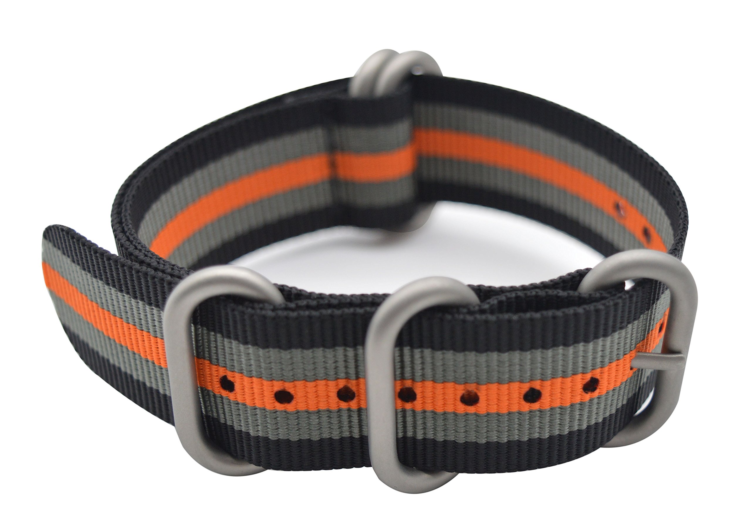 ArtStyle Watch Band with Colorful Nylon Material Strap and Heavy Duty Brushed Buckle, Black/Grey/Orange, 18mm, Simple