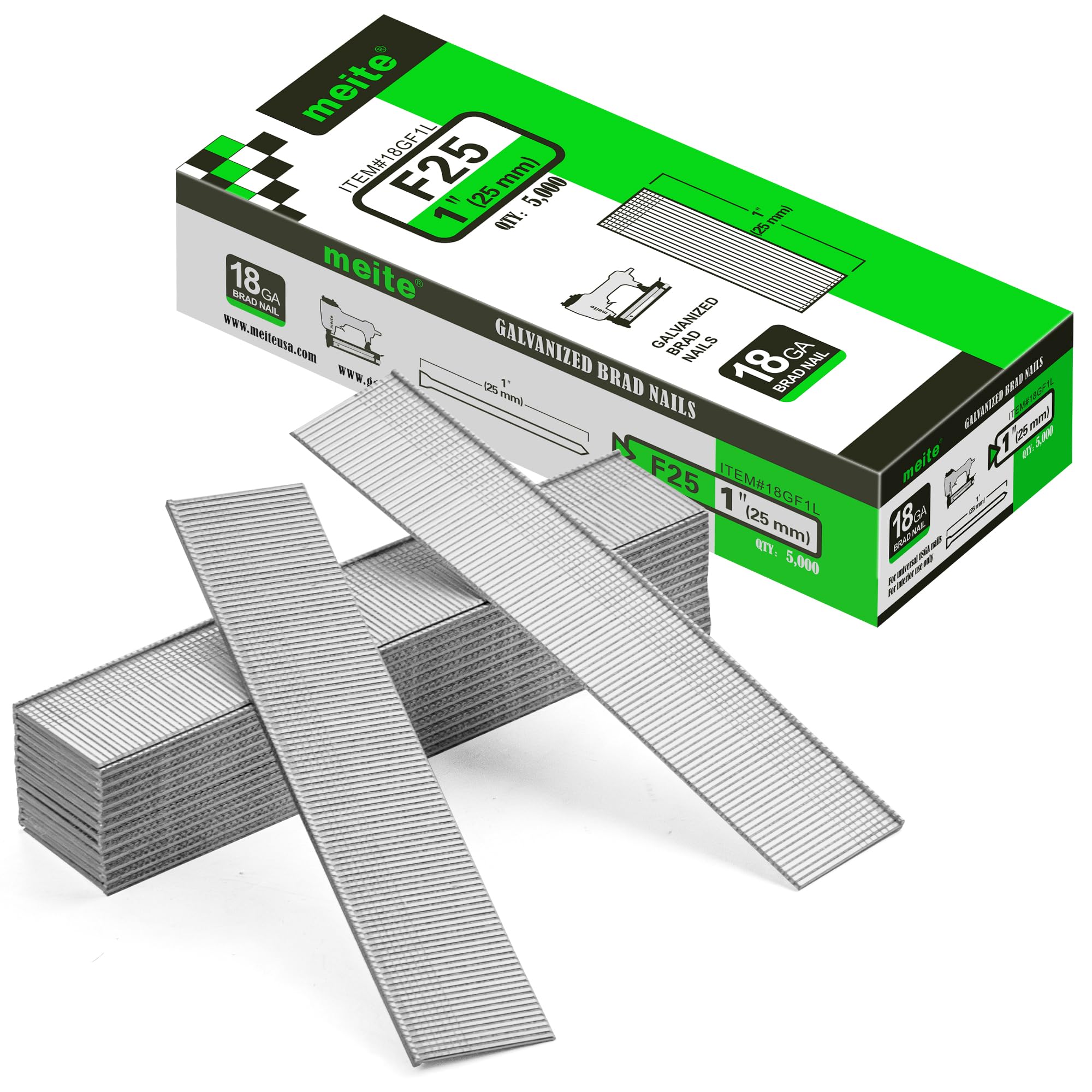 meite 18 Gauge Brad Nails, 25 mm 18G Brad Nails for Nail Gun, Galvanised Small Finishing Nails for Joinery, Trim Work (5,000 Counts)