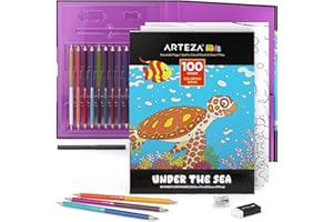 Arteza Kids Coloring Book and Pencils Kit, 8.5x11 Inches, Sea Creature Illustrations, 50 Double-Sided Coloring Sheets, 100-lb Paper, 12 Double-Ended Colored Pencils in 24 Colors, Art Supplies for Kids