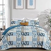 WONGS BEDDING Quilt Set King Size Blue, 3 Pieces Summer Patchwork Plaid Bedspread Coverlet Set, Floral Soft Lightweight Microfiber Bedding Set for All Season(104"×90“)