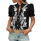 Women's Summer Tops 2026 Casual Ruffle V Neck Puff Short Sleeve Button Down Shirts Embroidered Blouses