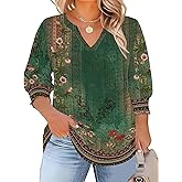TFSDOD Womens Plus Size Tops 3/4 Sleeve Blouses Summer V Neck Shirts Smocked Cuffs Spring Outfits 1X-5X