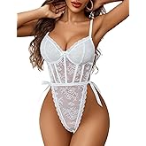 Avidlove Women Teddy Lingerie Deep V Lace Bodysuit Lingerie One Piece Mini Babydoll Satiny Side Bow