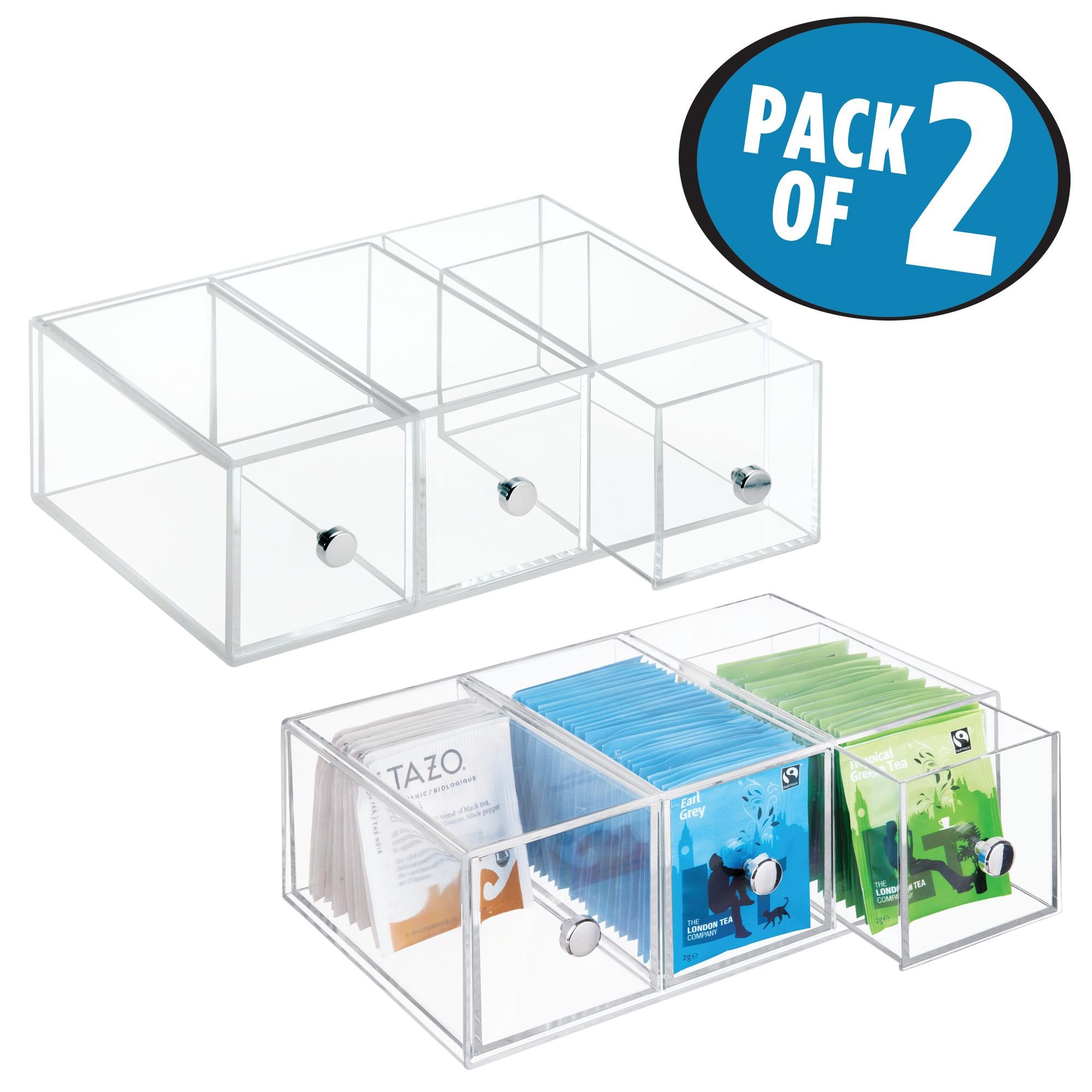 mDesign Kitchen 3Drawer Storage Organizer for Tea Bags, Sugar