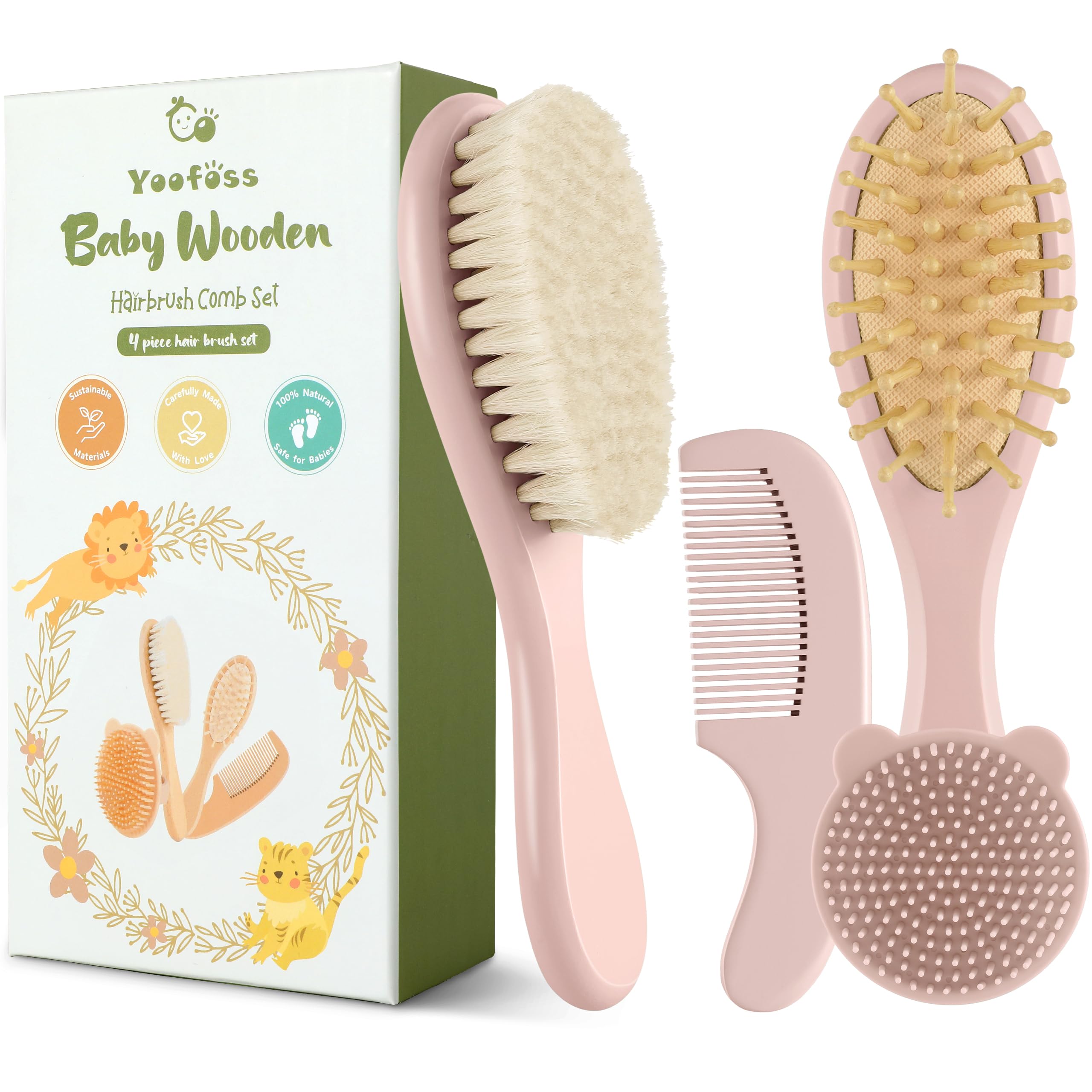 Photo 1 of Yoofoss 4 Piece Baby Hair Brush and Comb Set?Wooden Baby Hair Brush with Natural Ultra Soft Goat Hair, Baby Comb Set for Boy, Girl - Pink
