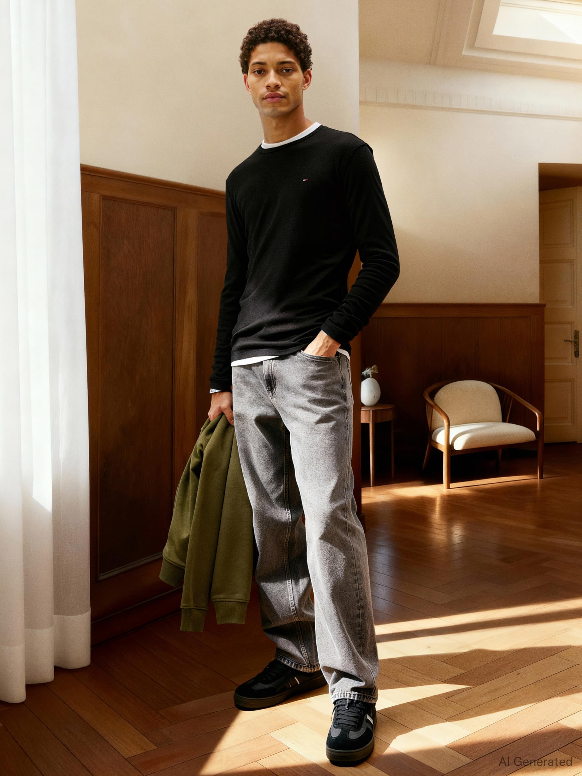 Tommy Jeans Herren Tjm Original Rib Longsleeve Tee Dm0dm04409 Langarm Strickoberteile, Schwarz (Tommy Black), L EU 3