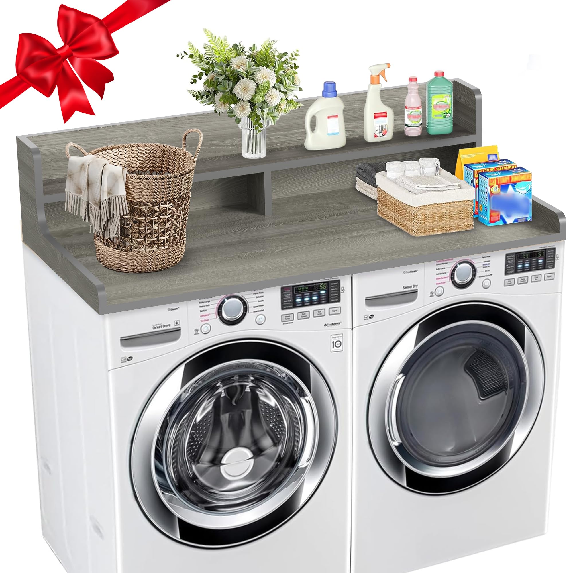 Photo 1 of 2-Tier Washer Dryer Countertop with 3" H Raised Edge, 54" W x 27.5" D Laundry Countertop Cover with Non-Slip Pad, Washer and Dryer Topper for All Front-loaded, Easy to Install(Gray)