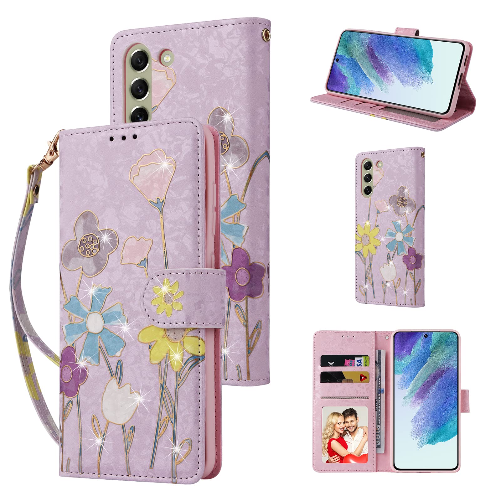 Photo 1 of UEEBAI Wallet Case for Samsung Galaxy S25 5G, Leather Phone Wallet Kickstand RFID Blocking Flip Case Card Slots Wrist Strap Relief Engraved Pattern Magnetic Closure Flower Cover, Sunflower