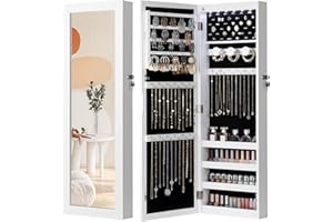 Nicetree 6 LEDs Mirror Jewelry Cabinet, Jewelry Organizer with Full Length Mirror, Wall/Door Mounted Jewelry Organizer, Full Length Mirror with Storge (Textured White)